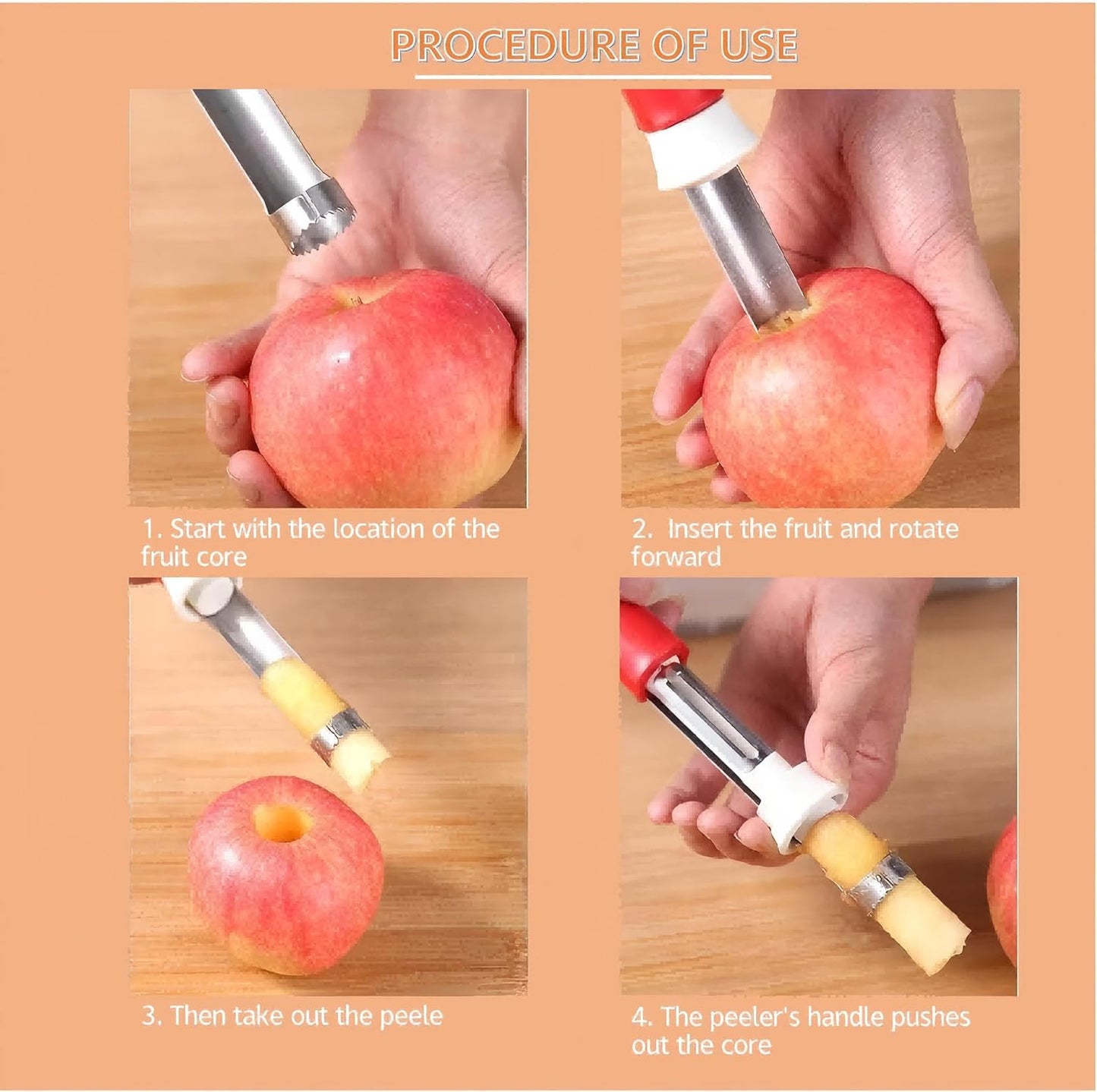2-in-1 Retractable Fruit Corer and Peeler, Stainless Steel Vegetable Peeler and Core Remover Tool for Apples, Pears, Potato, Ergonomic Kitchen Gadget for Food Prep, Red, 8.86 x 1.3 in