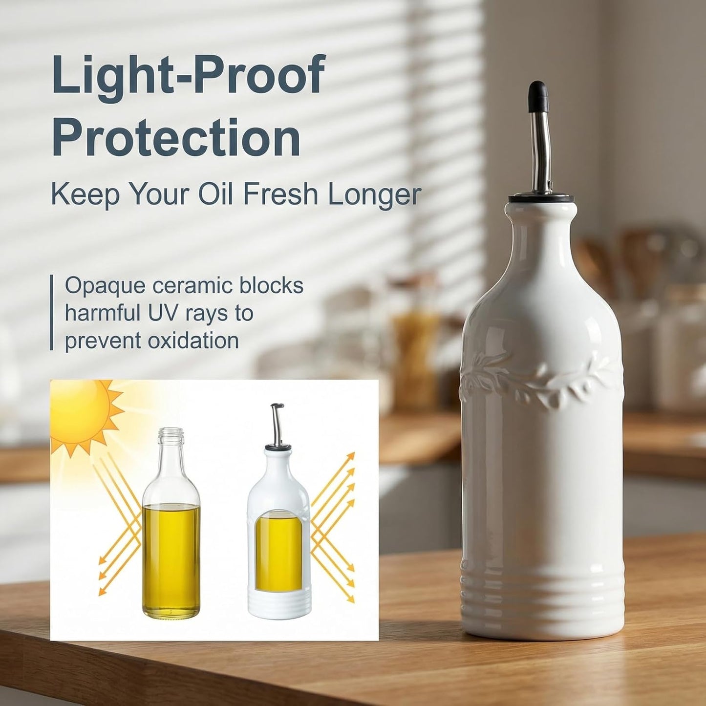 ONEMORE Ceramic Olive Oil Dispenser Bottle with Pour Spouts & Funnel, 17 oz Refillable Kitchen Oil Dispenser for Cooking, Drizzling, Dressing, Modern Leakproof Oil and Vinegar Dispenser, White