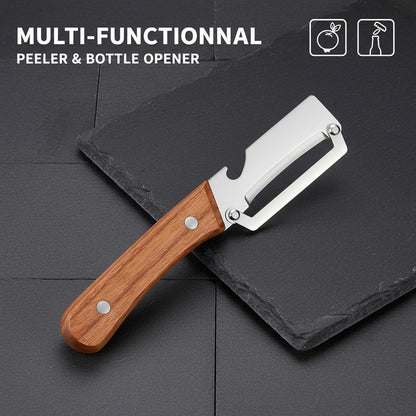 Sakerplus Multifunctional Vegetable Peeler with Wooden Handle and Bottle Opener, 2-in-1 Stainless Steel Blade, Contour-Flow for Kitchen Prep, Camping, Apple Potato Pumpkin Papaya Peeling