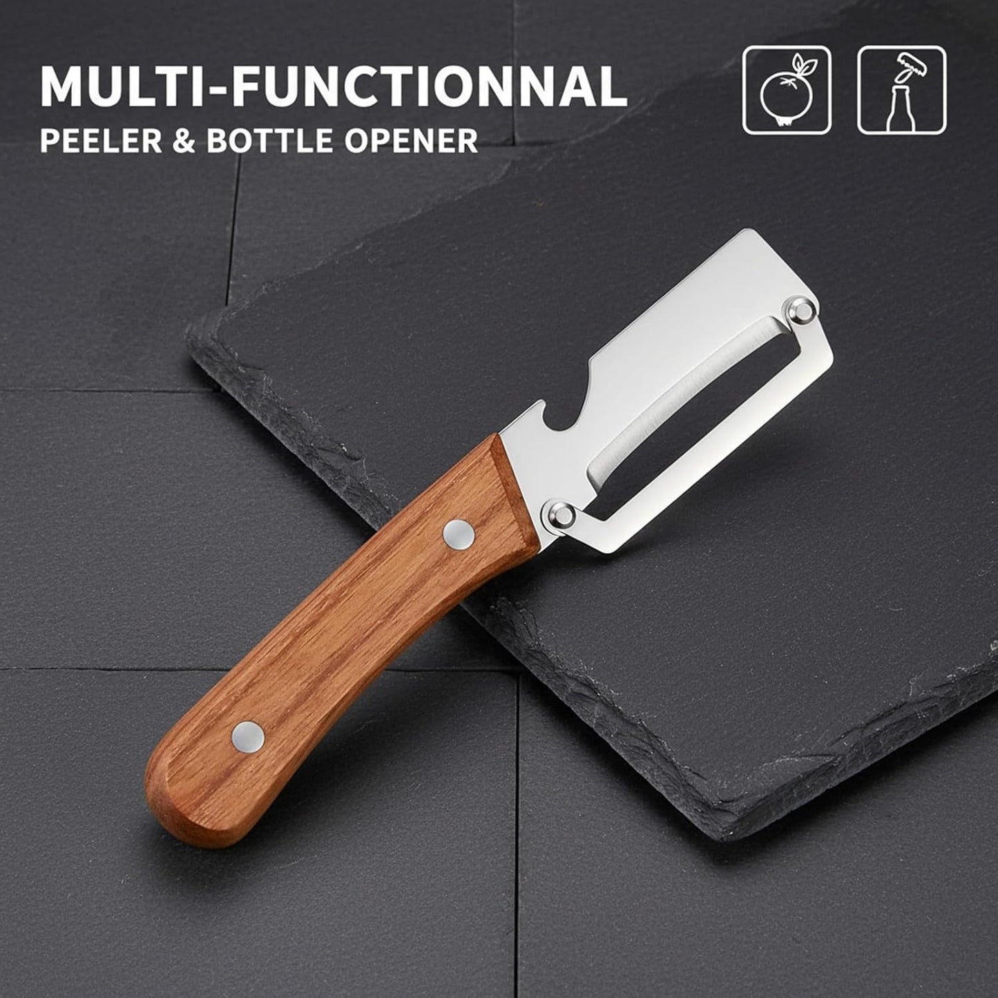 Sakerplus Multifunctional Vegetable Peeler,Multi Functional Premium Vegetable Peeler with Wooden Handle and Bottle Opener,Stainless Steel Blade Kitchen Tool (1)