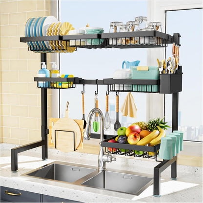 YKLSLH 4 Baskets Over The Sink Dish Drying Rack, Extendable Large Capacity Sink Rack, Metal Drying Rack Saving Space,for Most Sinks (26.57"-35")