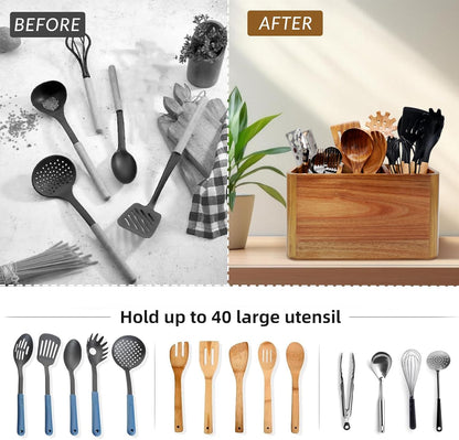 Wooden Kitchen Utensil Holder Organizer for Counter or Countertop, Large Wooden Utensil Holder for Storage Cooking and Silverware with 4 Compartment, Acacia Rustic Wood Container Extra Large