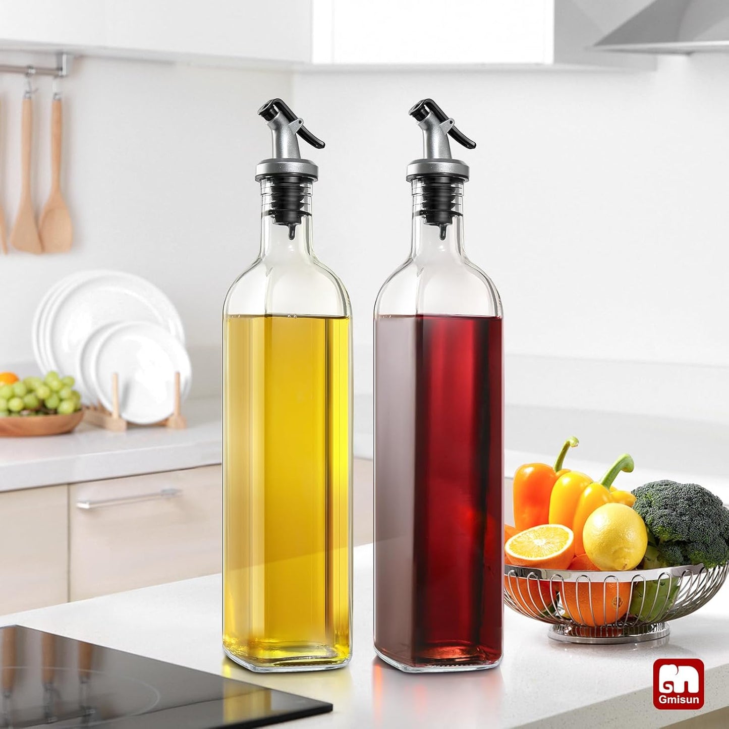 gmisun Olive Oil Dispenser for Kitchen, 4 Pack 17 fl oz Glass Oil Dispensers Bottle, Cooking Soy Sauce Bottle Container Cruet with Plastic Pourer Spout, Funnel and Labels, Clear