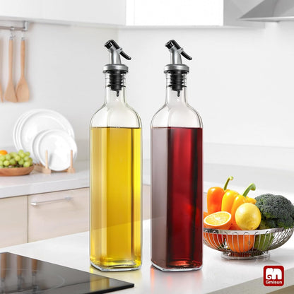 gmisun Olive Oil Dispenser for Kitchen, 4 Pack 17 fl oz Glass Oil Dispensers Bottle, Cooking Soy Sauce Bottle Container Cruet with Plastic Pourer Spout, Funnel and Labels, Clear