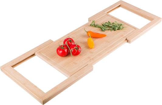 Cutting Board with Strainer - 2 in 1 Adjustable Bamboo Chopping Board with Removable Stainless Steel Colander for Over the Sink by Classic Cuisine