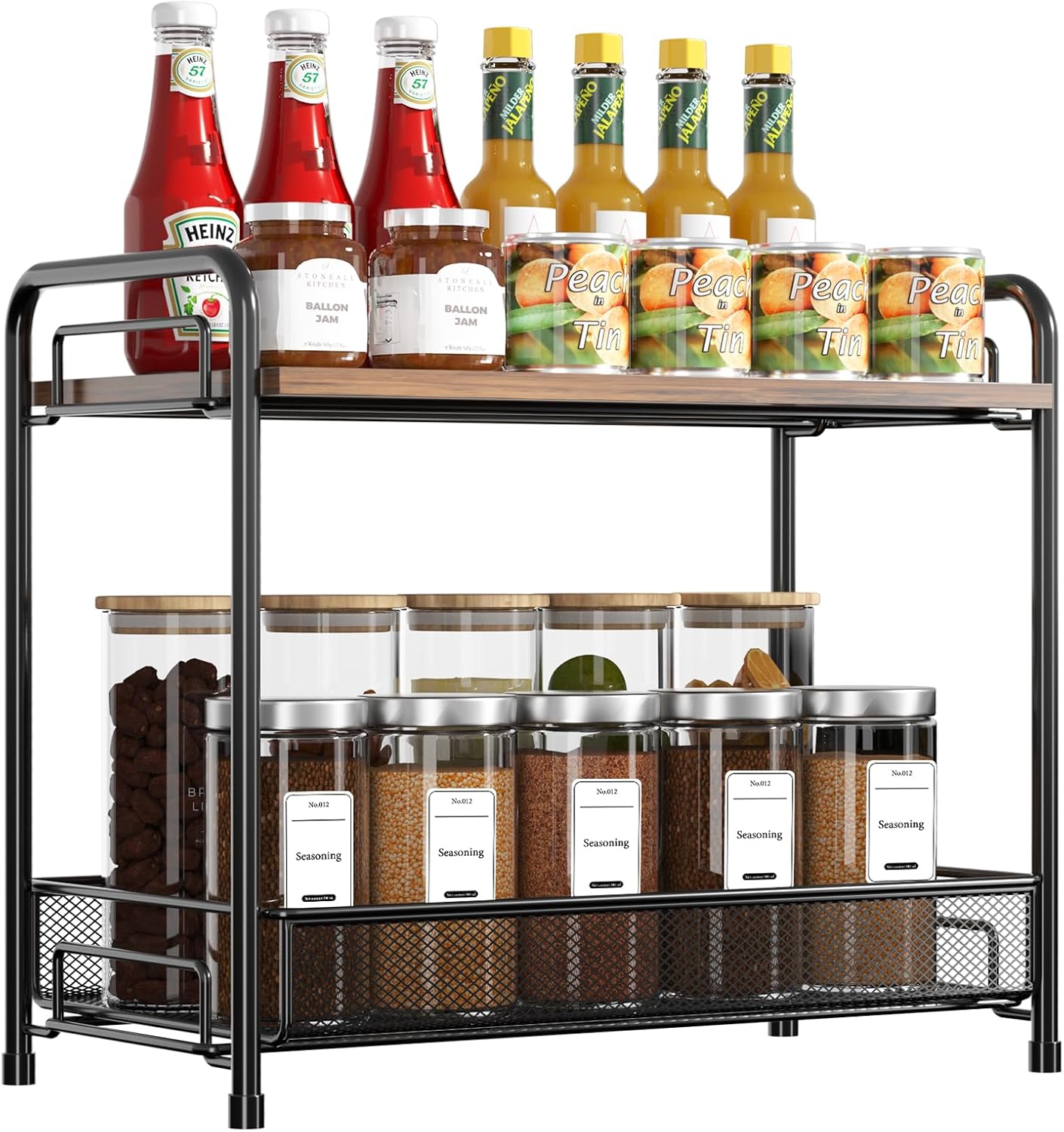 Spice Rack Organizer for Countertop,Xpatee 2-Tier Foldable Metal Rust-Proof Standing Large Seasoning Storage Shelf with Guardrail and Mesh Design for Kitchen Cabinet Bathroom Living Room Pantry, Black