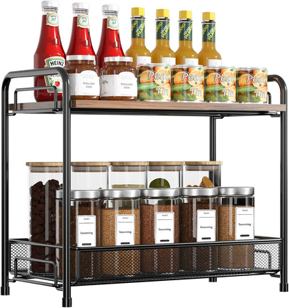 Spice Rack Organizer for Countertop,Xpatee 2-Tier Foldable Metal Rust-Proof Standing Large Seasoning Storage Shelf with Guardrail and Mesh Design for Kitchen Cabinet Bathroom Living Room Pantry, Black