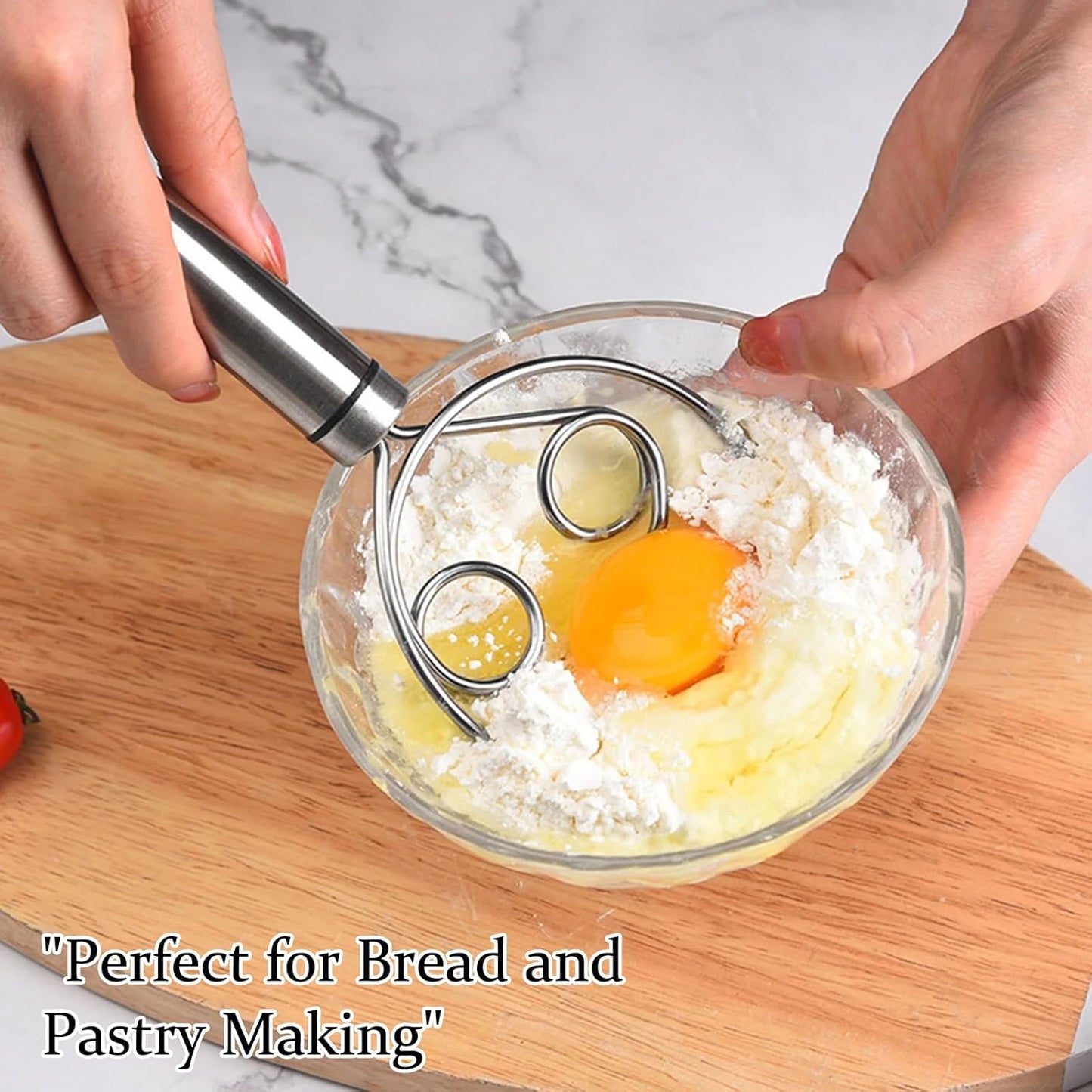 1PCS Stainless Steel Danish Whisk & Bread Whisk - 304 Steel Egg Beater & Dough Mixing Tool with Double Coil - Professional Baking Tool for Pastry & Bread Making