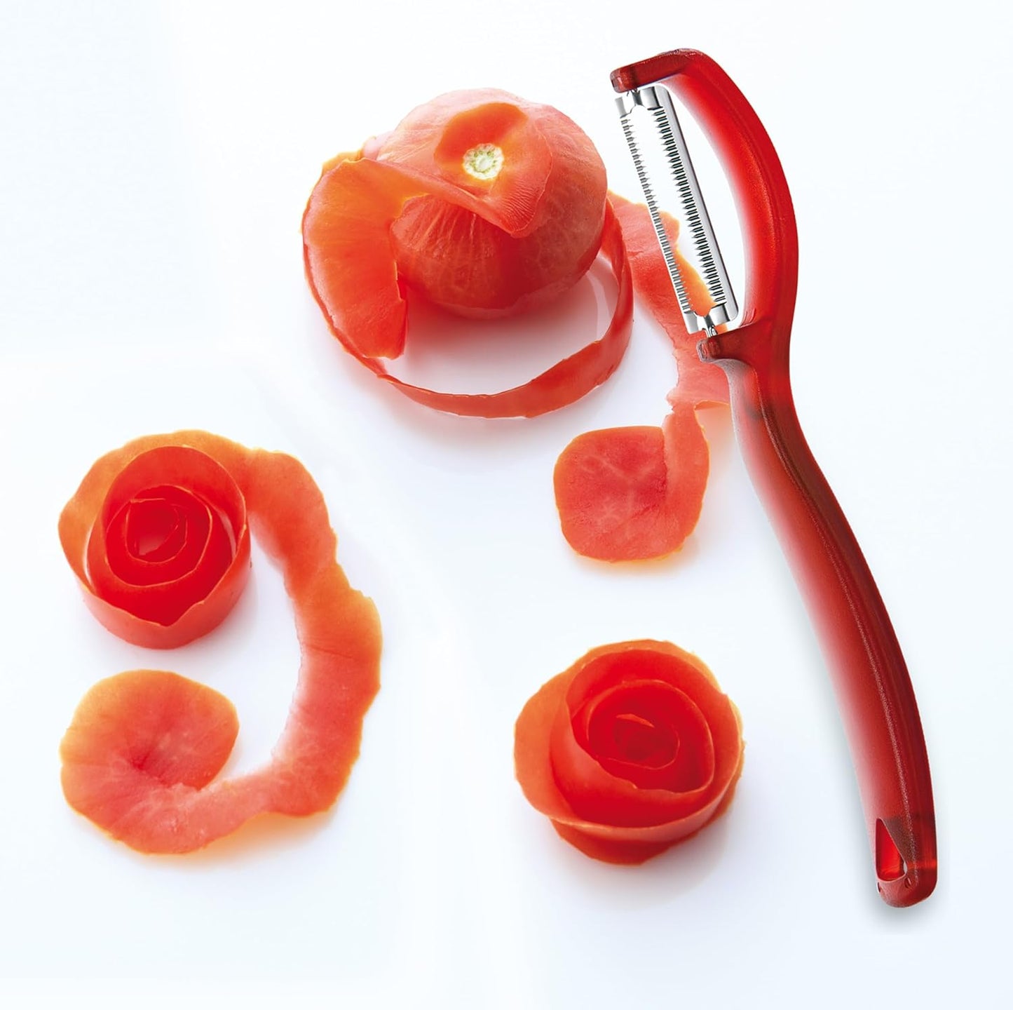 triangle Swivel Peeler, Red - Stainless Steel Serrated Twin Blade - Peels Soft, Delicate Fruits & Vegetables - Lightweight Handle - Dishwasher Safe - Made in Germany