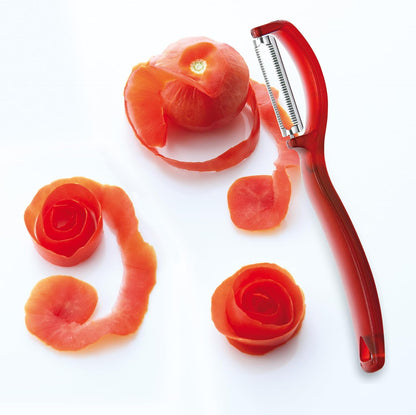 triangle Swivel Peeler, Red - Stainless Steel Serrated Twin Blade - Peels Soft, Delicate Fruits & Vegetables - Lightweight Handle - Dishwasher Safe - Made in Germany