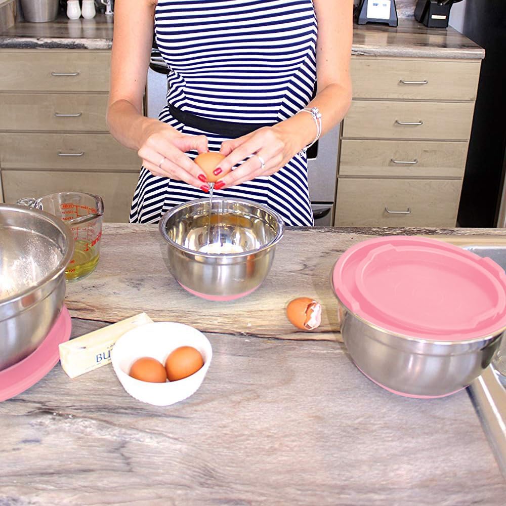 Stainless Steel Mixing Bowls with Lids and Non Slip Bases (Set of 5, Red)