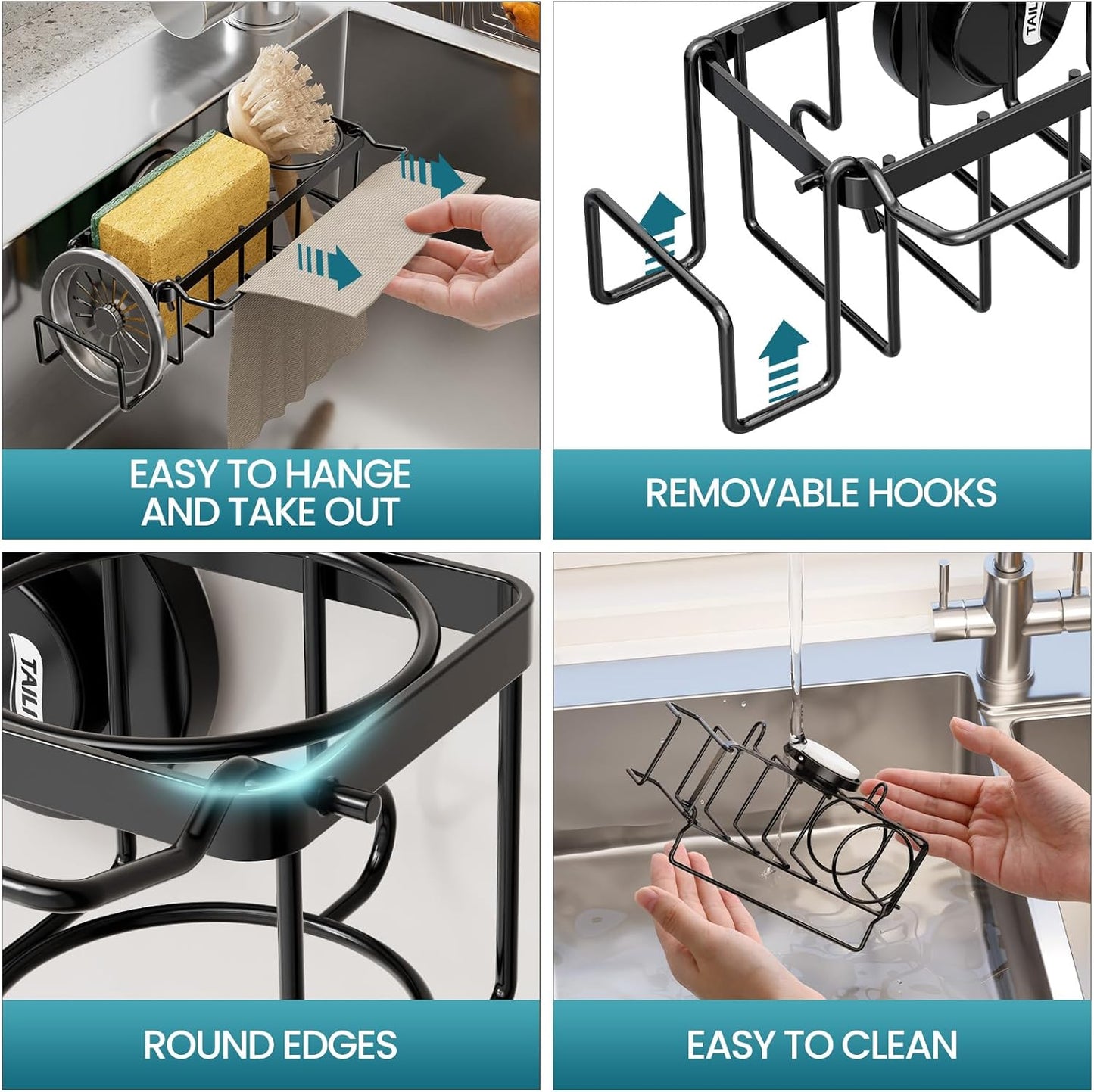 TAILI Sponge Holder for Kitchen Sink with Strong Suction Cup, Rustproof Aluminum Sink Caddy for Sponges, Removable Sponge Holder, Dish Brush for Scraper - Silver