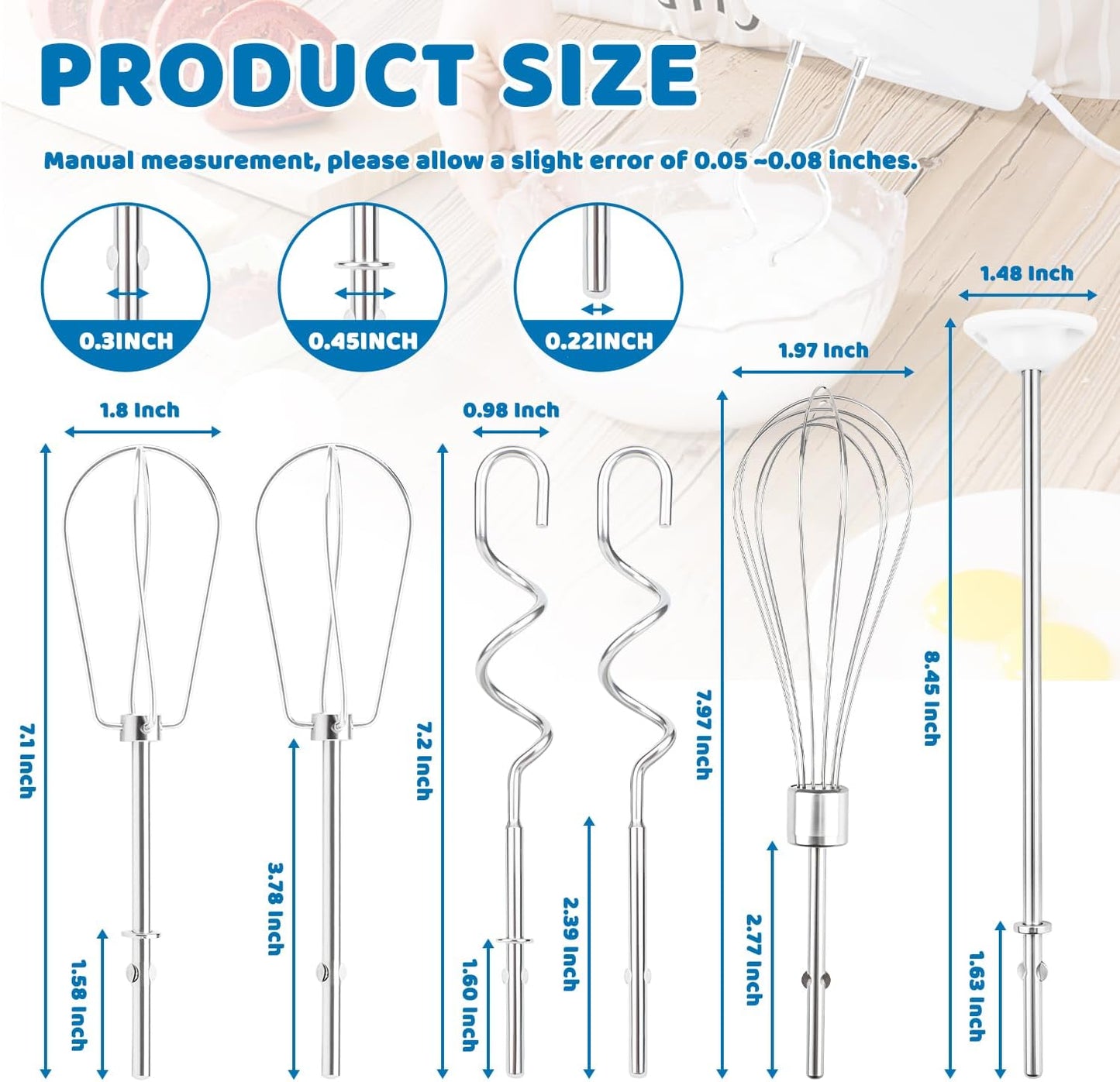 6 Pcs Hand Mixer Beater Attachments for KitchenAid Hand Mixers KHM3 KHM5 KHM7 KHM9, Stainless Steel Hand Mixer Beaters, Whisk, Blending Rod and Dough Hooks