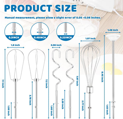 6 Pcs Hand Mixer Beater Attachments for KitchenAid Hand Mixers KHM3 KHM5 KHM7 KHM9, Stainless Steel Hand Mixer Beaters, Whisk, Blending Rod and Dough Hooks