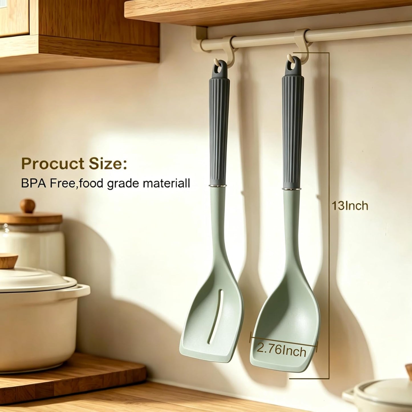 2 Pack Silicone Cooking Spoon Spatulas, Non Stick Large Rubber Spoon Set for Mixing, Serving, Draining, Scraping, 13Inch Heat Resistant Kitchen Utensils, Green+Grey