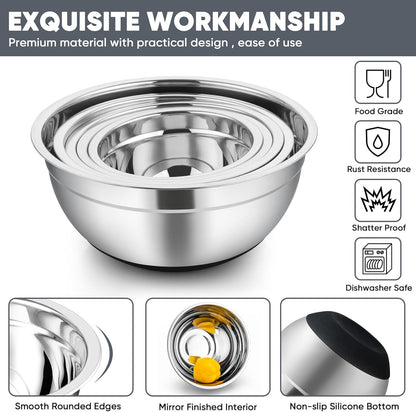 TeamFar Mixing Bowls with Lids Set, 7/3.5/2.5/1.5/1 QT, Stainless Steel Large Red Nesting Metal Salad Mixing Bowl Set of 5, Healthy & Easy Clean, Airtight Lid & Non-slip Bottom