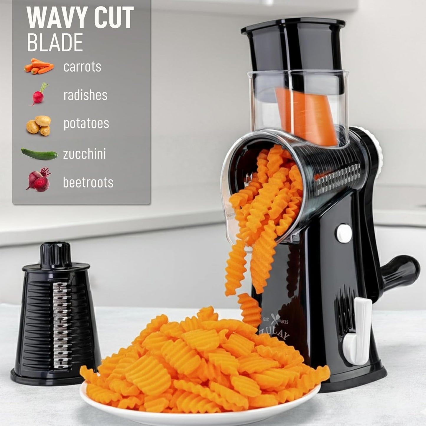 Zulay Kitchen Rotary Cheese Grater 5 Blade Cheese Shredder - Manual Hand Crank Cheese Grater With Reinforced Suction & 5 Interchangeable Drums - Easy to Use, Vegetable Chopper Round Mandoline Slicer - Colors A