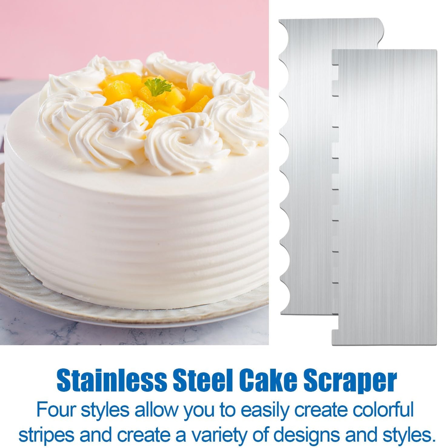 2pcs Stainless Steel Cake Bench Scraper Spatula Kit, 8.7in Stripe Edge Comb Smoother Decorating Metal Tools for Kitchen Baking Mousse Pastry DIY Icing Buttercream Frosting Leveler Supplies