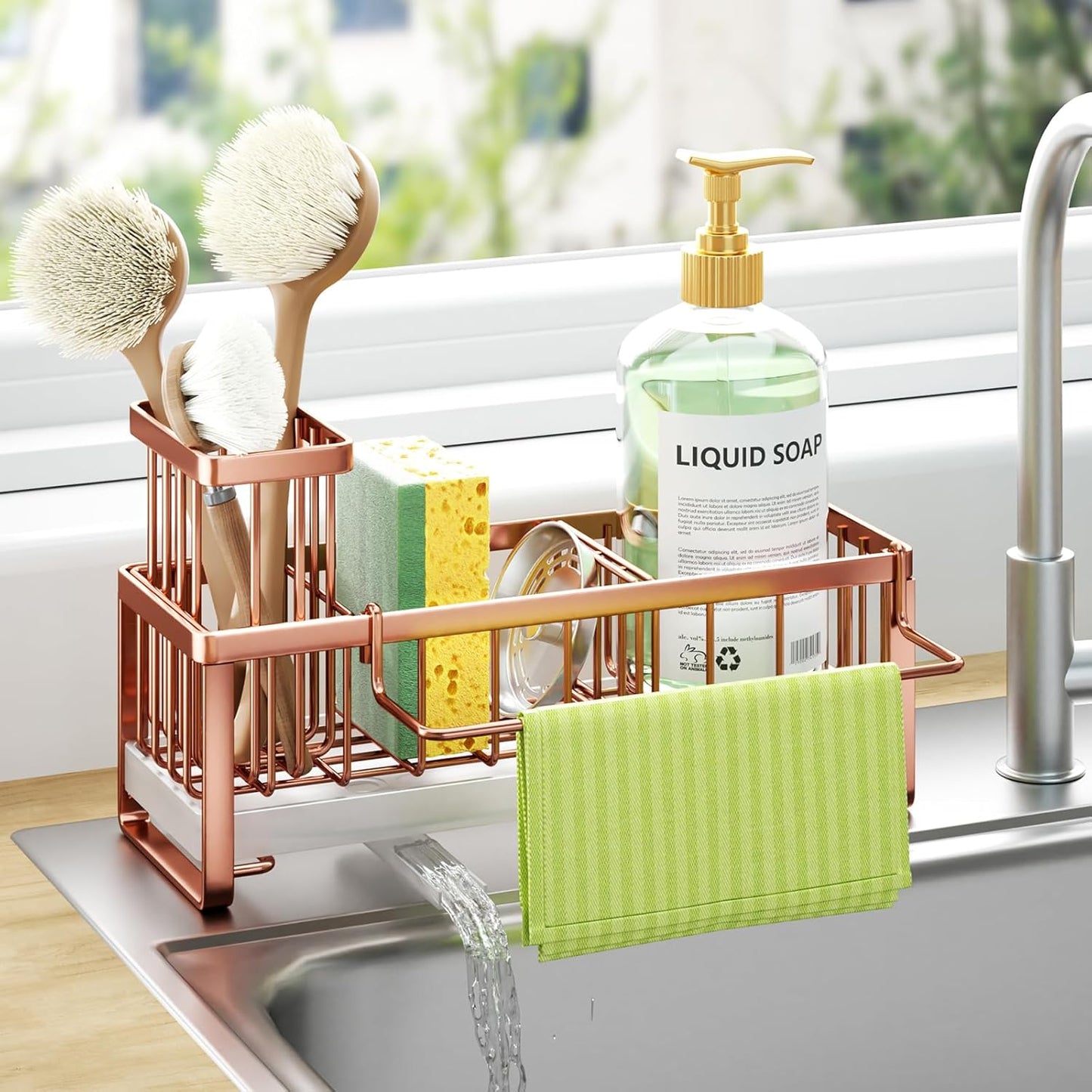HapiRm Sponge Holder for Kitchen Sink - Self-draining Sink Caddy with Brush and Dishcloth Holders, Stainless Steel Kitchen Countertop Organizers and Storage Essentials - Black