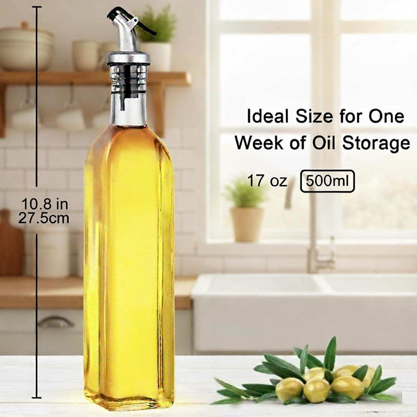 WERTIOO Olive Oil Dispenser Bottle,4Pack 17 OZ Glass Oil Dispenser for Kitchen with 4 Pourer,2 Stainless Steel Funnel & 1 Pen and 8 Label for Kitchen (500ml)