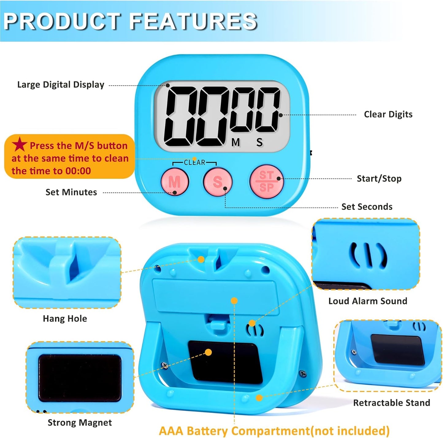 ZILLEEN Kitchen Timer Digital with Magnetic Back for Kids Classroom, White 6 Pack