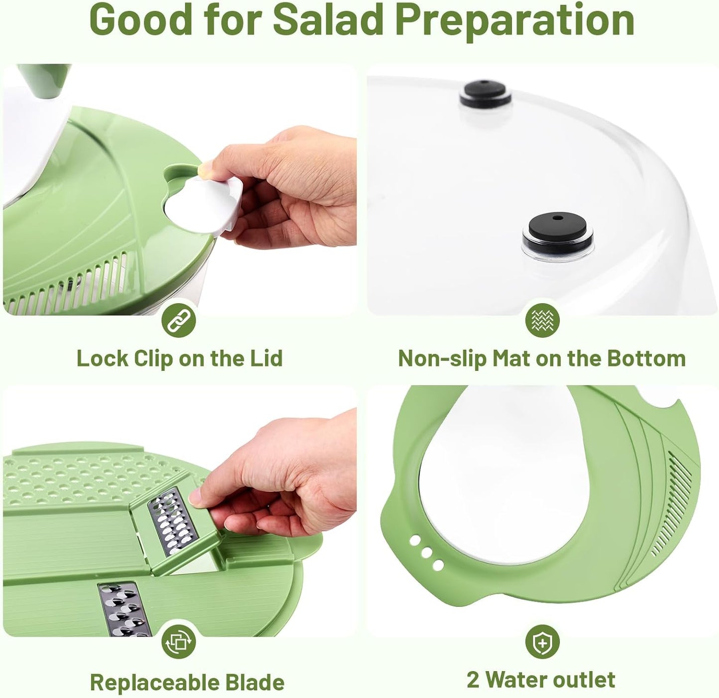 Salad Spinner, 5.3 QT Lettuce Spinner with Strainer, Fruit Cleaner with 4 Replaceable Blade for Shredding, Slicing and Pureeing, Salad Washer & Dryer for Quick Washing (Green)
