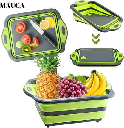 Collapsible Cutting Board 3-in-1 – Multifunctional Foldable Silicone Board with Washing Basket, Colander & Peeler, Perfect for BBQ, Picnic, and Camping| Green