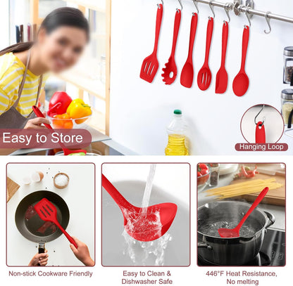 TeamFar Silicone Cooking Utensil Set of 7, Black Kitchen Nonstick Tools Turner Spoon Spatula Ladle Pasta Server for Nonstick Cookware, Healthy & One-Piece, Anti-Heat & Dishwasher Safe