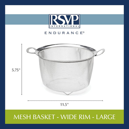 RSVP International Mesh Colander Strainer Basket with Folding Handles, 3 Quarts | For Pasta, Frying, & Salads | Dishwasher Safe | Use in Pressure Cookers | Steaming, Draining & Rinsing