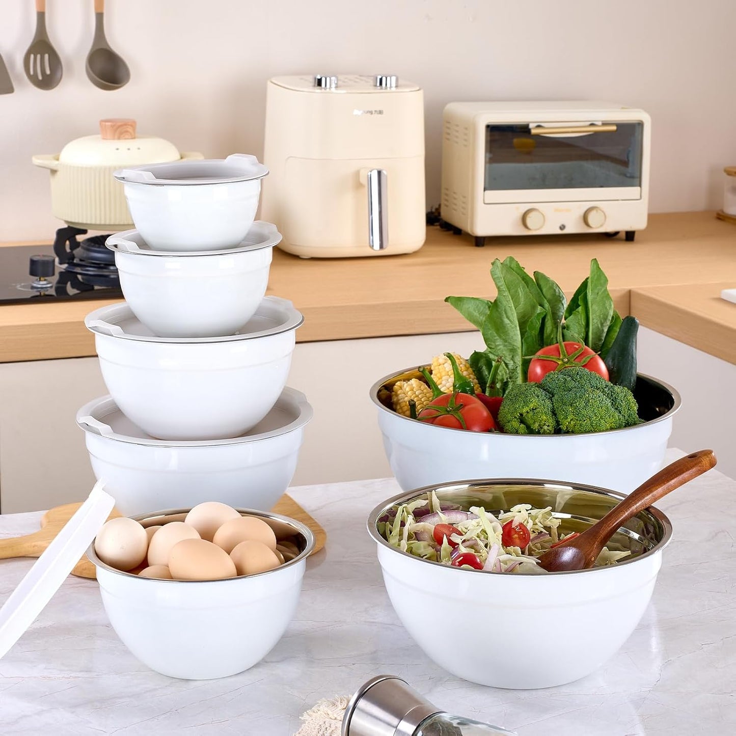 Red Mixing Bowls with Lids Set of 7, Stainless Steel Nesting Bowl with Khaki Lid for Non-slip Mixing Prepping Storing Serving, 7 Sizes-7/3.6/2.7/2.1/1.5/1/0.8 QT