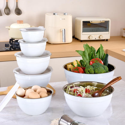 Red Mixing Bowls with Lids Set of 7, Stainless Steel Nesting Bowl with Khaki Lid for Non-slip Mixing Prepping Storing Serving, 7 Sizes-7/3.6/2.7/2.1/1.5/1/0.8 QT