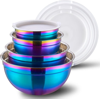 4 Piece Gold Mixing Bowls With Lids for Kitchen, Stainless Steel Set Ideal for Baking, Prepping, Cooking and Serving Food, Nesting Metal Bowls for Space Saving Storage