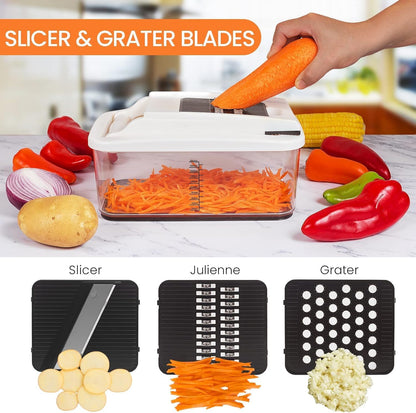 RüK Vegetable Chopper Slicer Onion Dicer, Multi 22-in-1 Veggie Mandoline Food Cutter for Tomato Fruit with Lemon Squeezer, E-Recipe, 11 Blades, Egg Separator & Slicer, Container