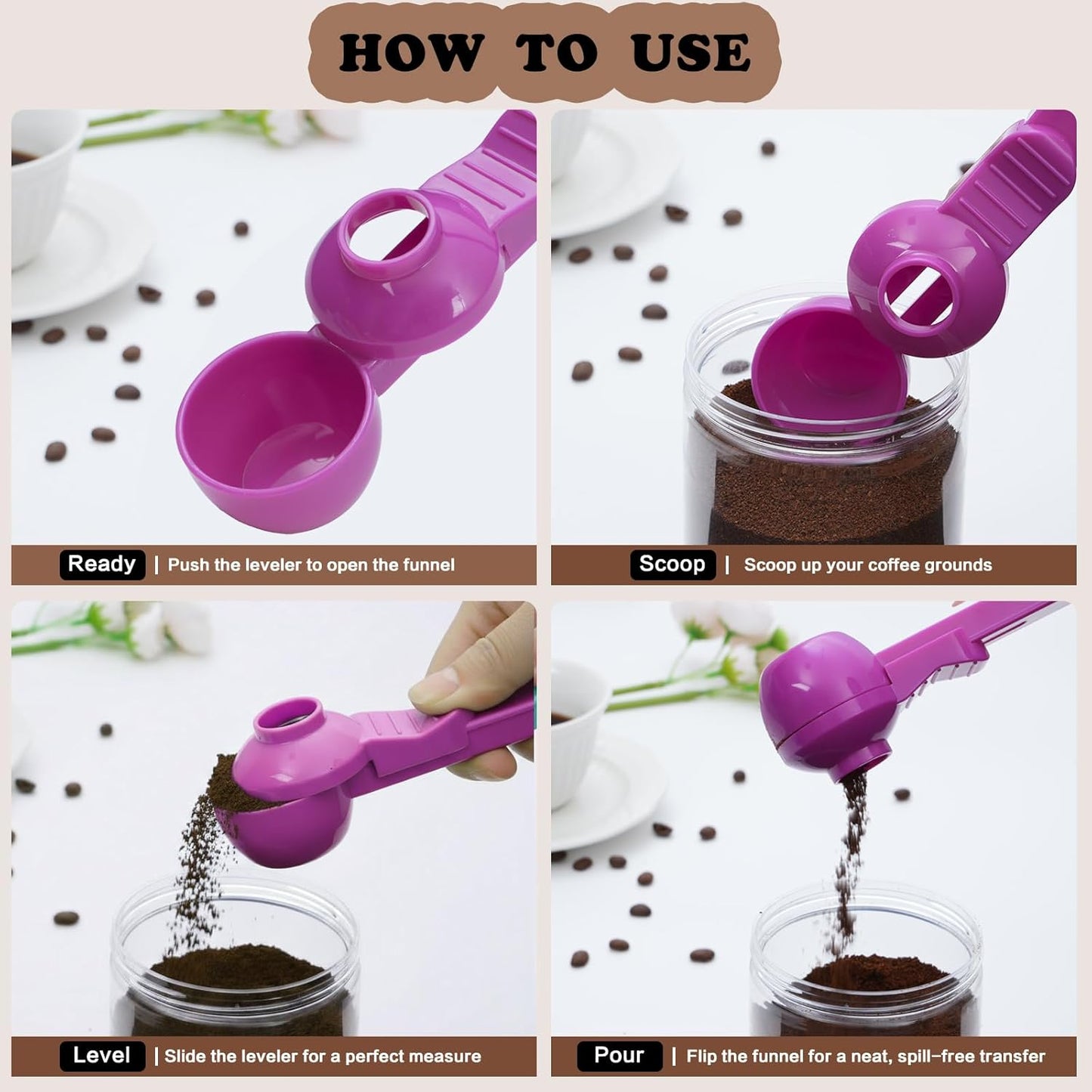 2-in-1 Coffee Scoop with Funnel, 2 Teaspoon Measuring Spoon for Reusable K Cups, Ground Coffee, Protein Powder & Tea, Mess-Free Plastic Design (Pink)