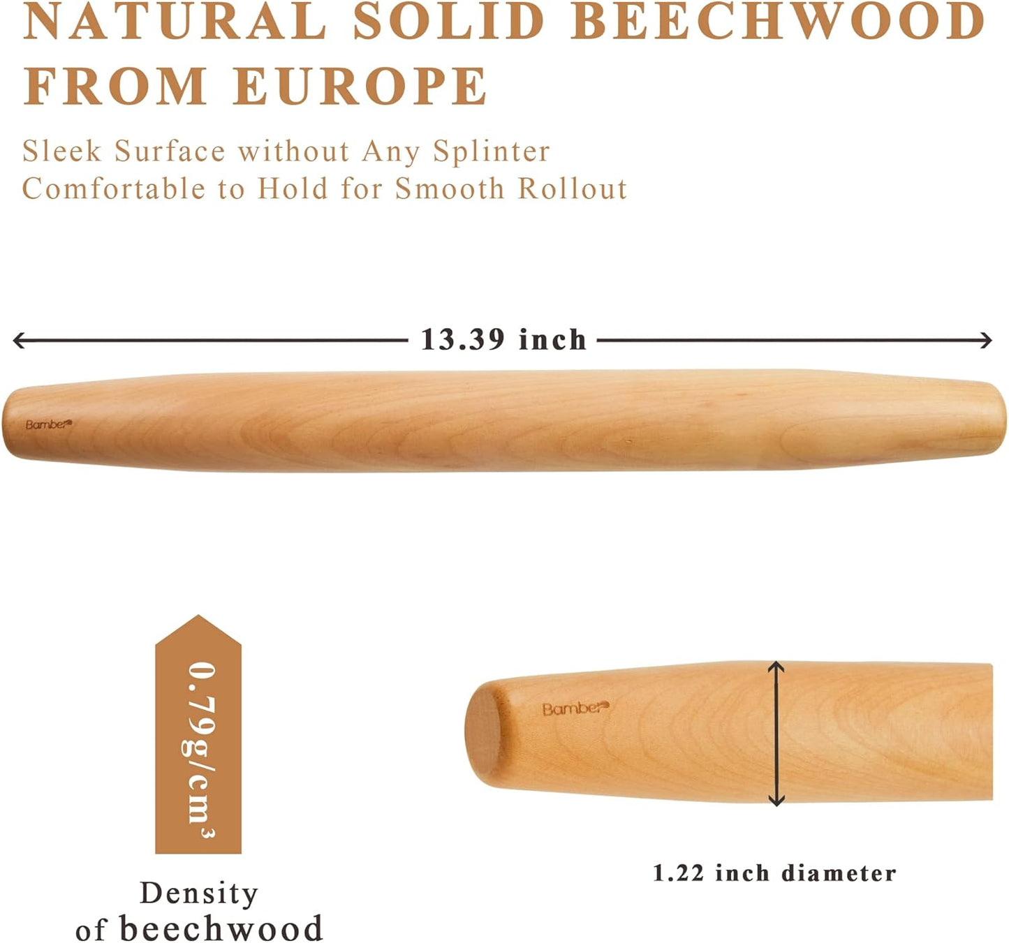 Bamber Wood Rolling Pin for Baking Wooden Rolling Dowel Stick Dough Roller for Cookie Dumpling Pastry Pizza Tortilla, 15'' by 1.5''
