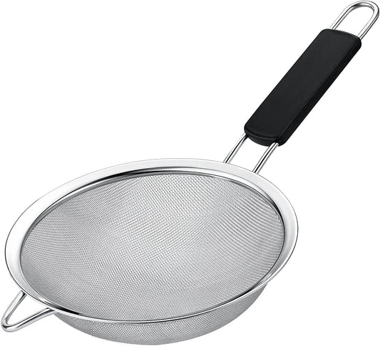 Fine Mesh Strainer with thermo plastic rubber handle - Sieve Fine Mesh Stainless Steel - Ideal to Sift Flour, Icing Sugar, Fruits and Vegetables (6.3 Inches)