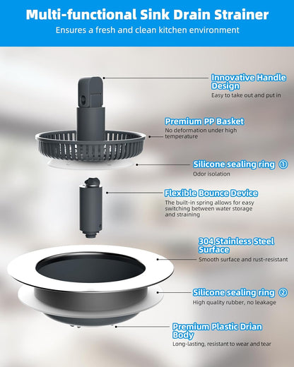 Hibbent Upgraded 3 in 1 Kitchen Sink Drain Strainer and Stopper Combo, Stainless Steel Metal Pop Up Sink Stopper, Anti-Clogging Basket with Foldable Handle for US Standard 3-1/2 Inch Drain