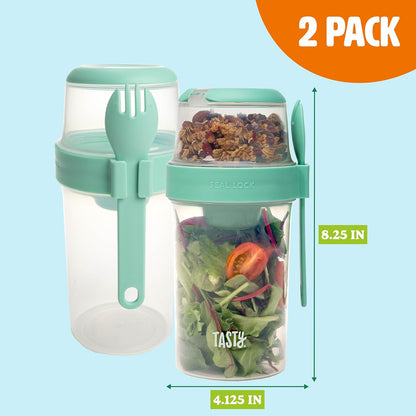 Tasty Salad Shakers with Sporks, Bring Salads and Snacks to Go, All-In-One Container, Convenient Carry Handle, Separate Compartments, 2-Pack Set, Aqua