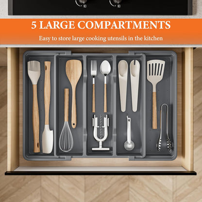 Large Silverware Organizer, Expandable Utensil Drawer Organizer for Kitchen Drawers, Kitchen Drawer Organizer for Spoons/Forks/Knives, Multipurpose & BPA Free Cutlery Tray, Black, 1 Pack