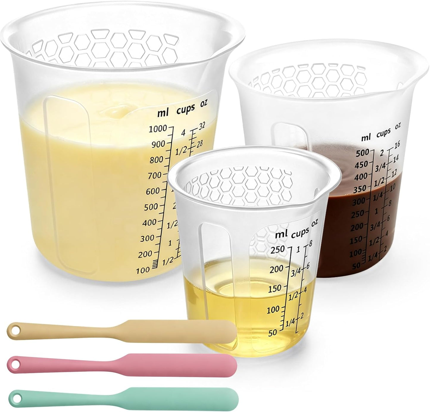 Palksky Silicone Chocolate Melting Cup Set with 4 Silicone Measuring Cups (250ml & 350ml) and 4PCS Heat-Resistant Jar Spatulas, Non-Stick Baking Tools for DIY Chocolate, Butter & Cream Mixing