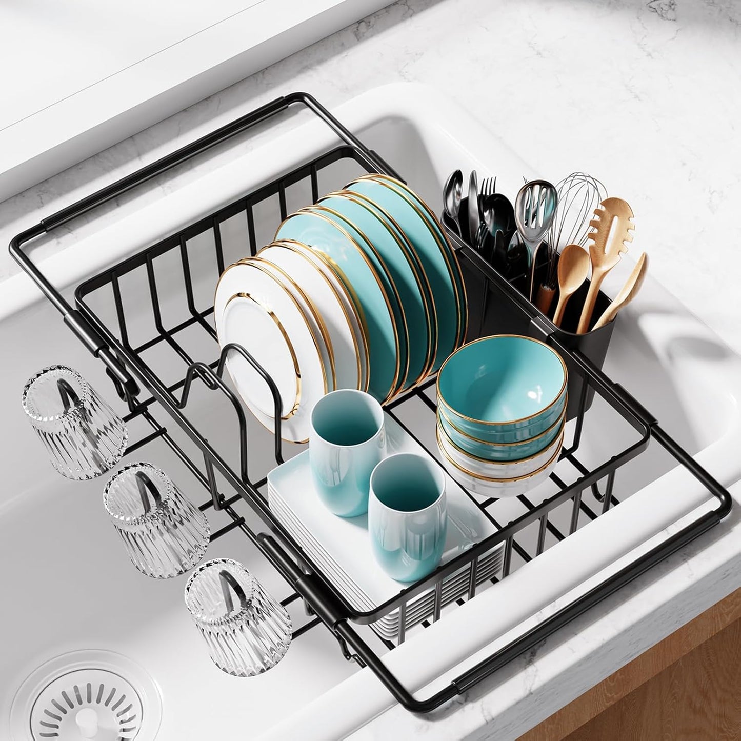 Sakugi Dish Drying Rack in Sink - Expandable Stainless Steel Dish Rack Over the Sink, Kitchen Sink Drain Strainer with Cutlery Holder & Cup Holders, 15.4 x 9.8 x 3.0 Inch, Silver