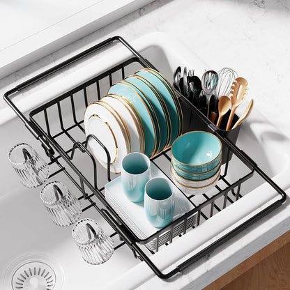 Sakugi Dish Drying Rack in Sink - Expandable Stainless Steel Dish Rack Over the Sink, Kitchen Sink Drain Strainer with Cutlery Holder & Cup Holders, 15.4 x 9.8 x 3.0 Inch, Silver
