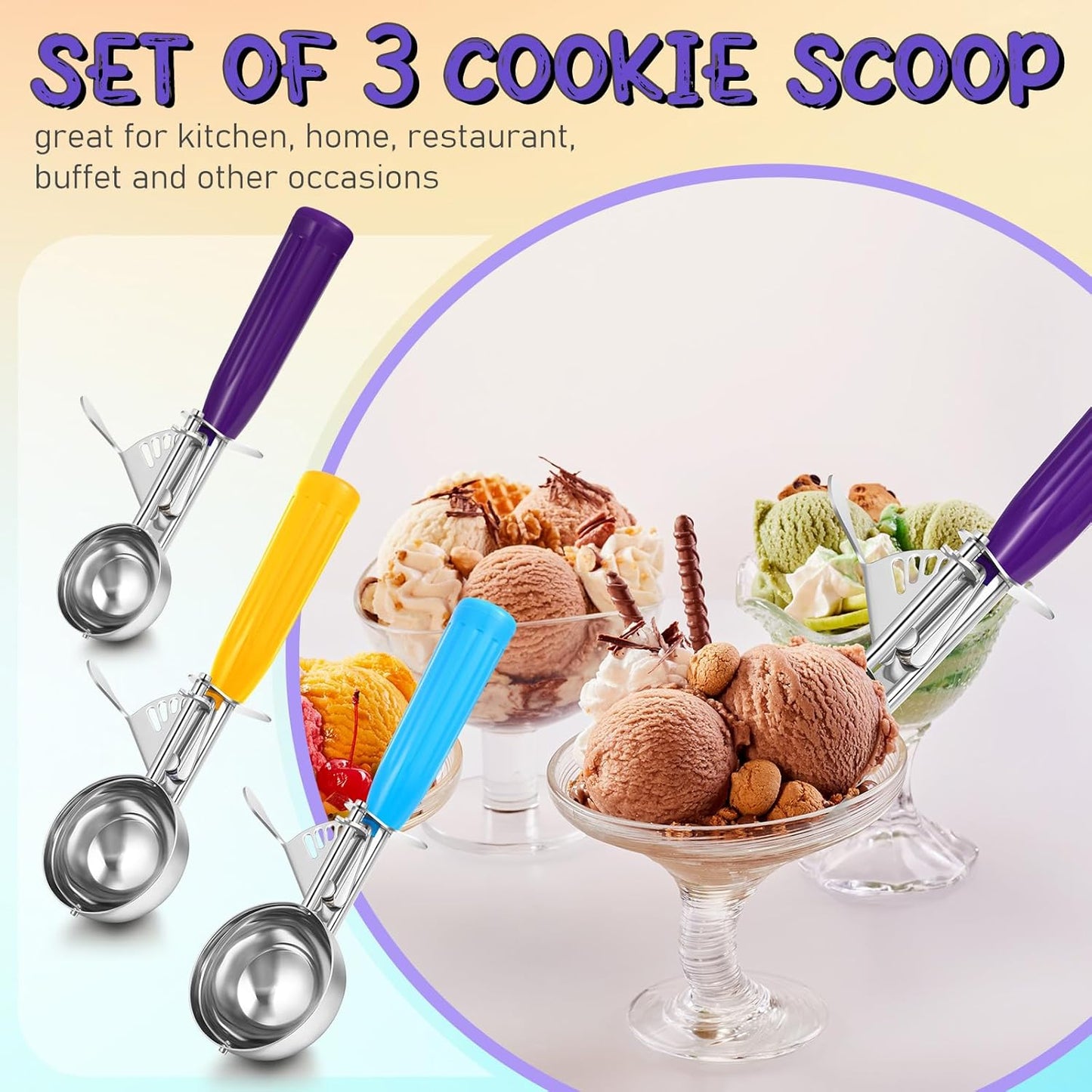 Reallnaive 3 Pcs Release Cookie Scoops Ice Cream Scooper with Trigger Release Portion Scoop Stainless Steel for Portion Control, Baking Food, Cookie Dough (2.65 Oz+1.33 Oz+ 0.75 oz,Green,Red,Black)