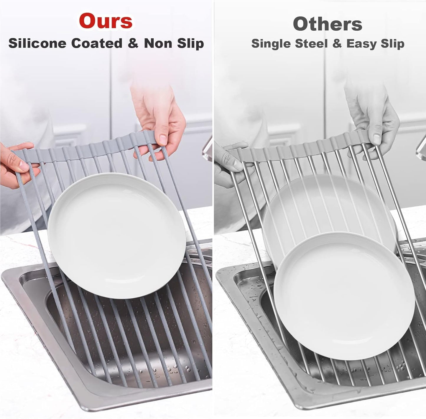 MERRYBOX Roll Up Over The Sink Dish Drying Rack Silicone Wrapped Foldable, Heat-Resistant, Anti-Slip Sink Rack Multipurpose Dish Drainer for Kitchen Sink Counter - White, 17.5" x 11"