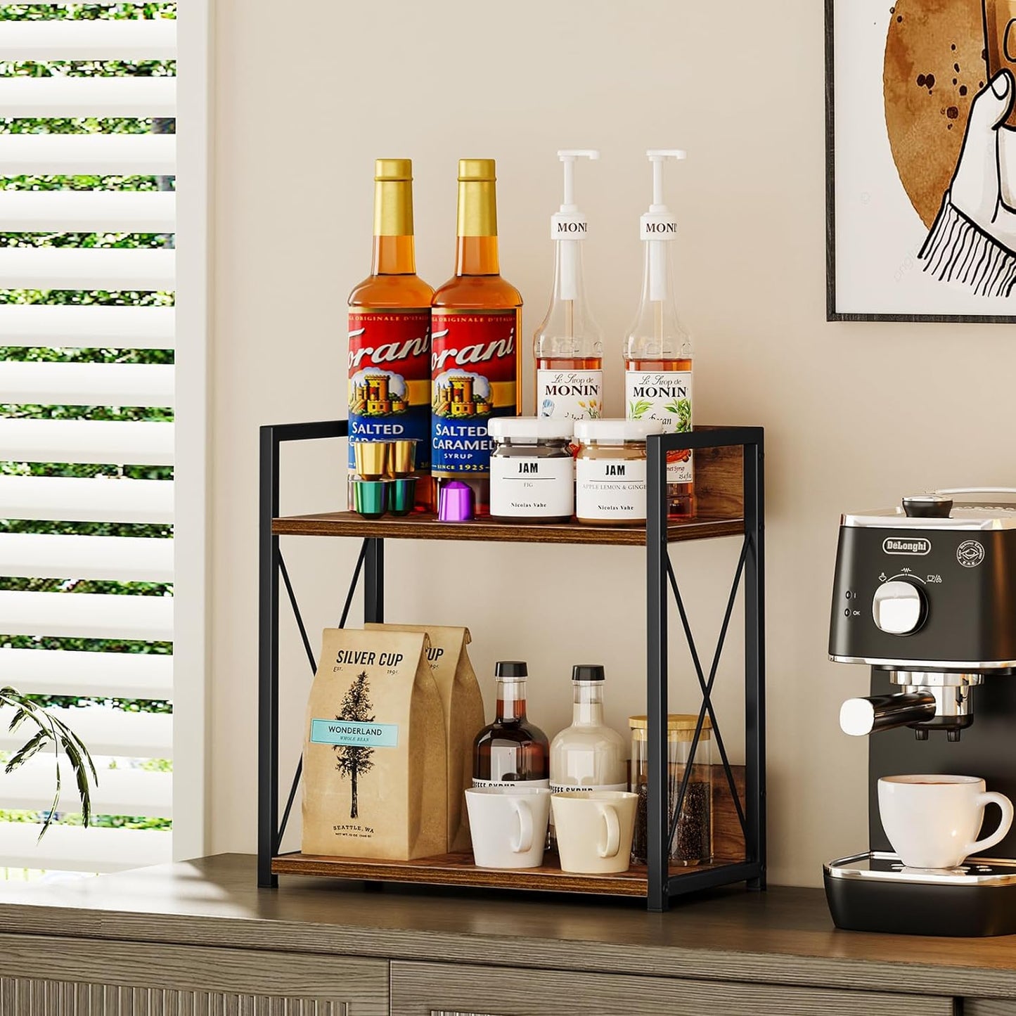 Giikin Countertop Shelf Organizer, 2 Tier Kitchen Spice Rack for Countertop, Wood Coffee Counter Shelf Organizer for Home (Brown, S)