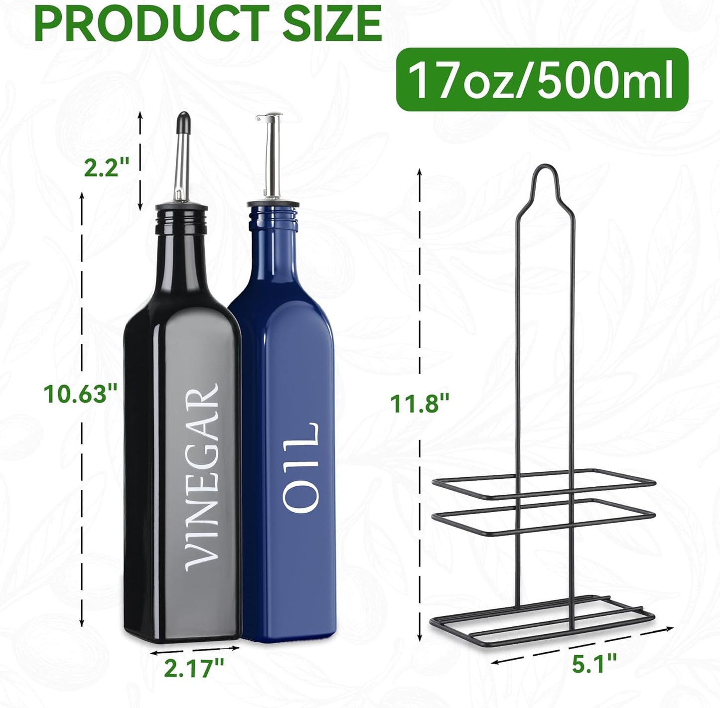Vakoo Oil and Vinegar Dispenser Set - 17oz/500ml, Extra Thick Glass, Leak-Proof, Olive Oil Dispenser Bottle for Kitchen (White Black)
