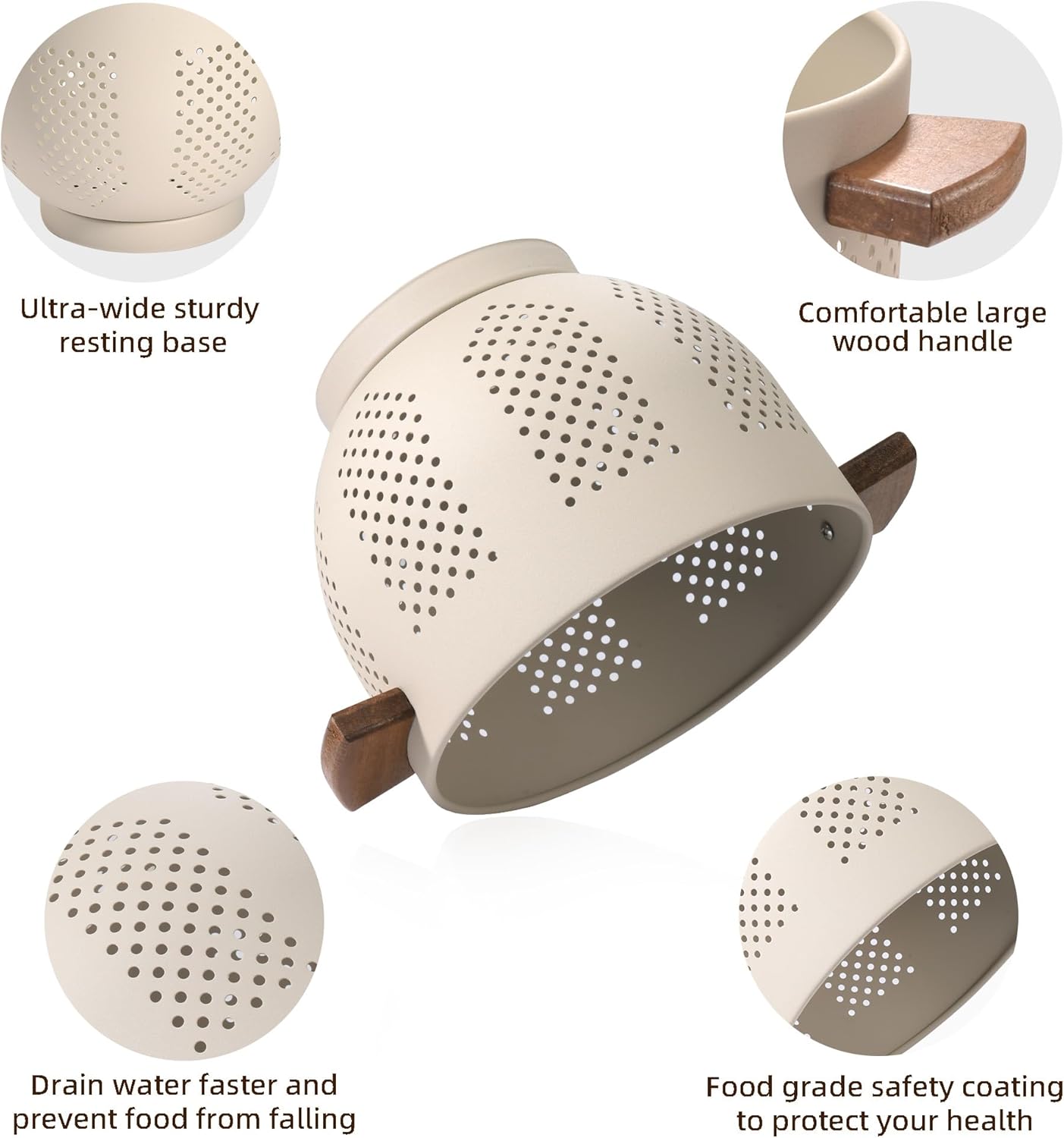 Metal Colander with Wood Handle and Stable Base, 5.5 Quart Powder Coated Steel Kitchen Strainer Basket for Draining Pasta, Vegetable and fruit,Cream