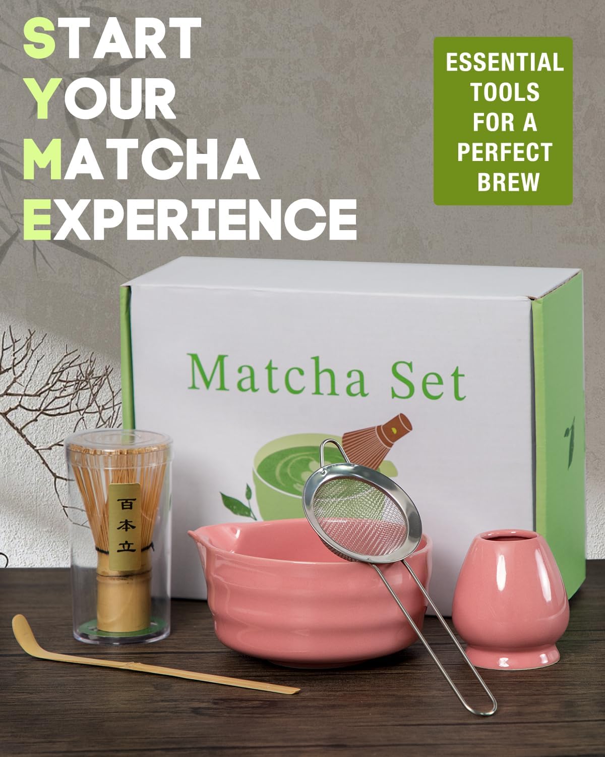 Matcha Whisk Set - 5PCS Matcha Set Includes 17OZ Chawan with Spout, Bamboo Chasen Whisk with Ceramic Holder, Matcha Scoop and Stainless Sifter, Matcha Kit for Ceremony, Gift for Matcha Lovers