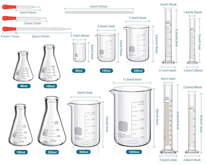 Frienda 50/100/250/500/1000ml Glass Beaker Set, 3.3 Borosilicate Low Form Griffin Lab Glassware Include Graduated Cylinder, Beaker, Dropper, Stirring Rod, Measuring Cups for Lab Chemistry (20 Pcs)
