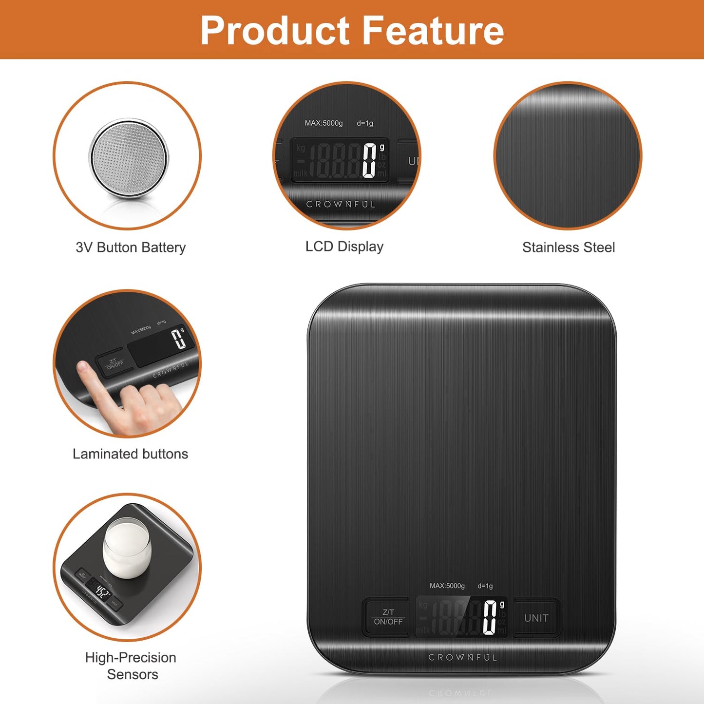 CROWNFUL Food Scale, 11 lb Digital Kitchen Scales with Built-in Coin Battery, Weight Ounces and Grams for Cooking and Baking, 6 Units with Tare Function, LCD Display, 304 Stainless Steel